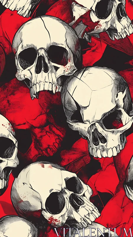 Skull illustration pattern on red and black background.