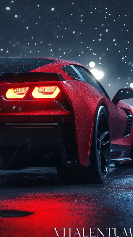 Red sports coupe glows against wet night snowfall street.