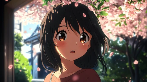 Soft spring surprise as a shy girl gazes up at blossoms