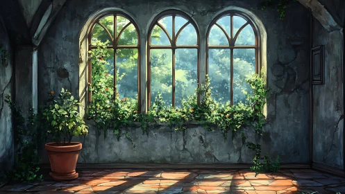 Sunlit overgrown hall with arched windows and ivy plants.