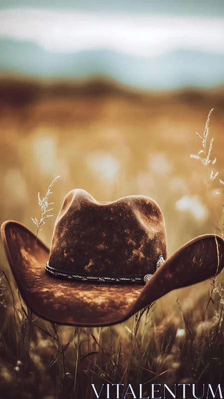 Shallow-depth study of weathered cowboy hat in prairie light.