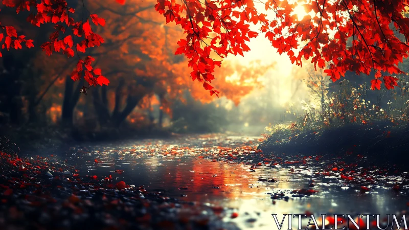 Red maple leaves frame reflective autumn forest stream