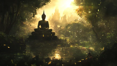 Sunlit river sanctuary crowned by meditating Buddha silhouette.