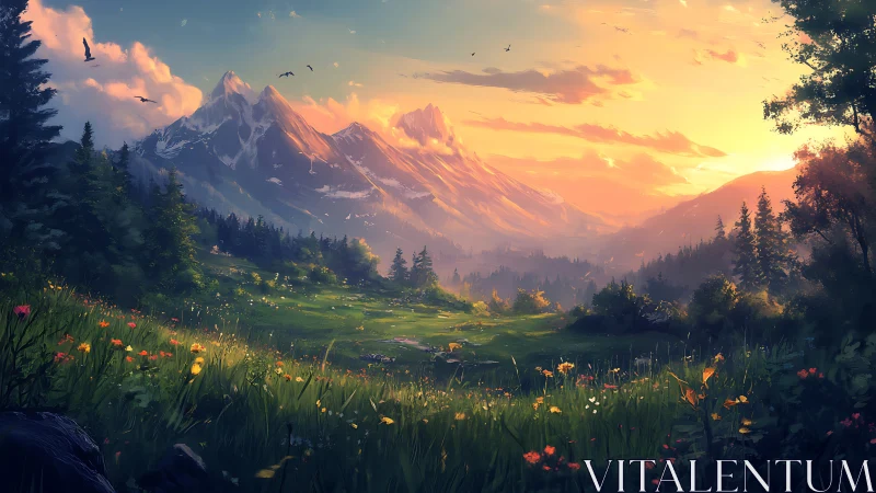 Digital painting landscape with alpine meadow and sunset glow.