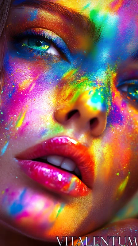 Chromatic close-up portrait with neon iridescent face pigments.