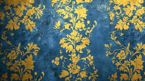 Gold damask florals over distressed azure textured ground.
