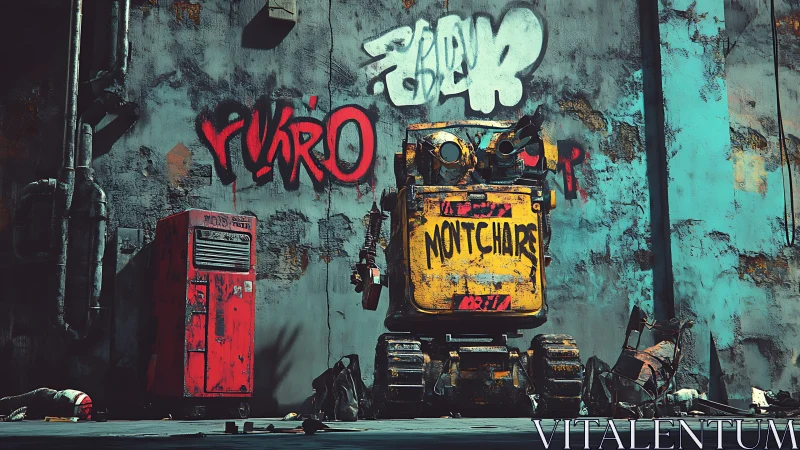 Yellow tracked robot stands against graffiti stained wall