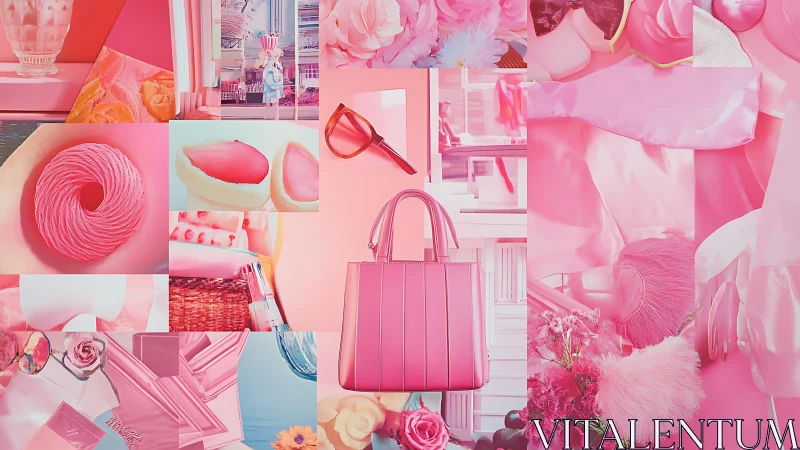 Pink-toned collage displays fashion, flowers and accessories