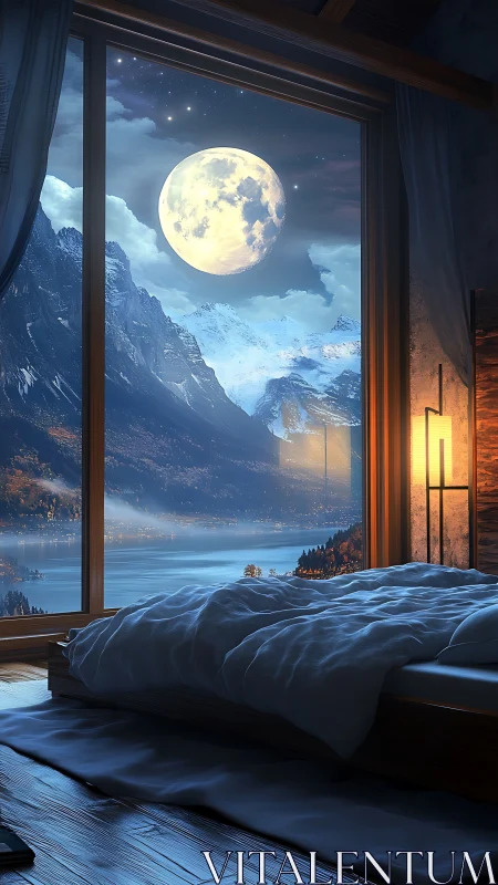 Moonlit alpine window dream with lake-soaked midnight hush.