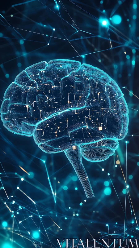 Digital wireframe brain with network connections visualization.