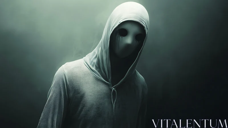 Hooded figure wears smooth mask with dark empty eye sockets