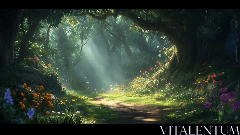 Luminescent Forest Tunnel with Volumetric Lighting and Flowering Perimeter