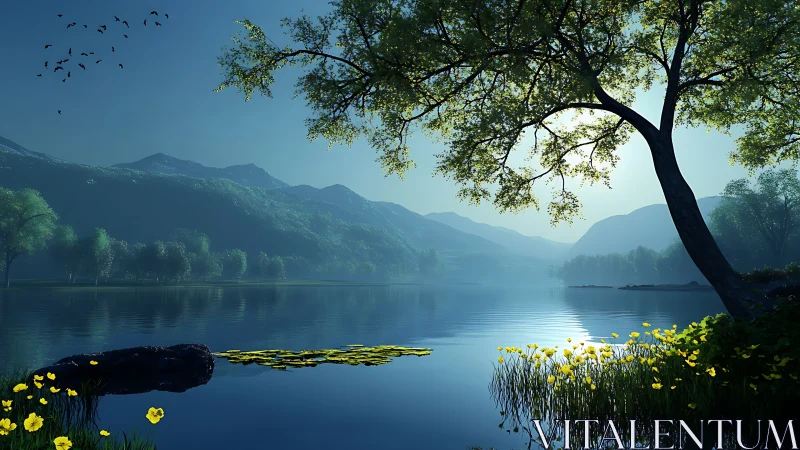 Gentle mountain lake glows in soft morning light and calm air