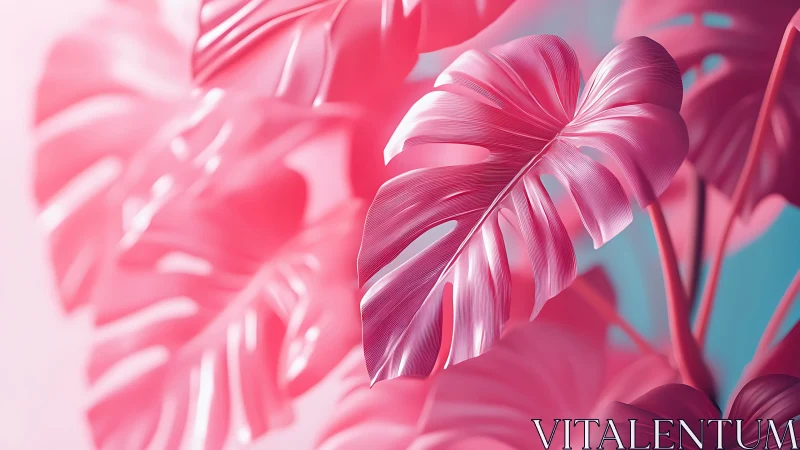 Pink monstera leaves in dreamy soft-focus digital art.