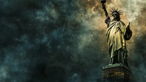 Statue of Liberty rising against dark stormy clouds sky.