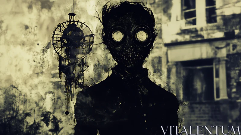 Silhouetted figure with gas mask stands before decayed building