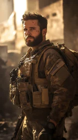 Sunlit soldier standing steady in a dust-hazed city street.