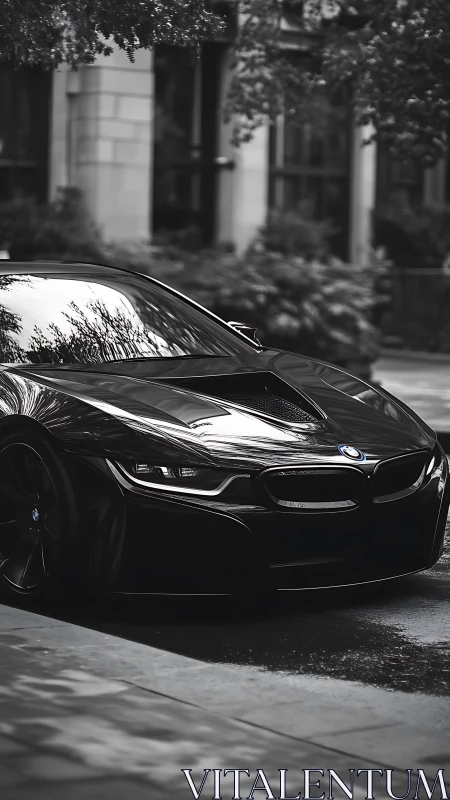 Monochrome BMW sports coupé in urban streetscape profile
