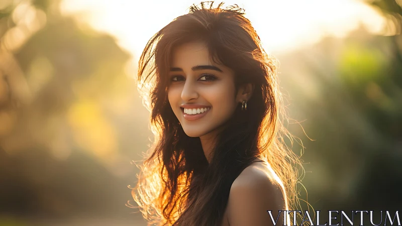 Smiling young woman in golden hour backlit portrait.