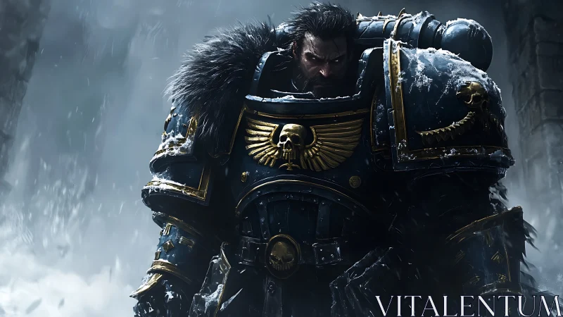 Armored space warrior in icy fortress battle stance.