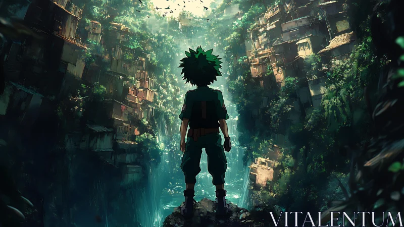 Anime boy overlooking dense cliff city and waterfall.