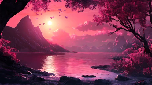 Pink monochrome alien lake landscape under low sun.