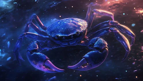 Cosmic blue crab drifting through luminous nebula seascape.