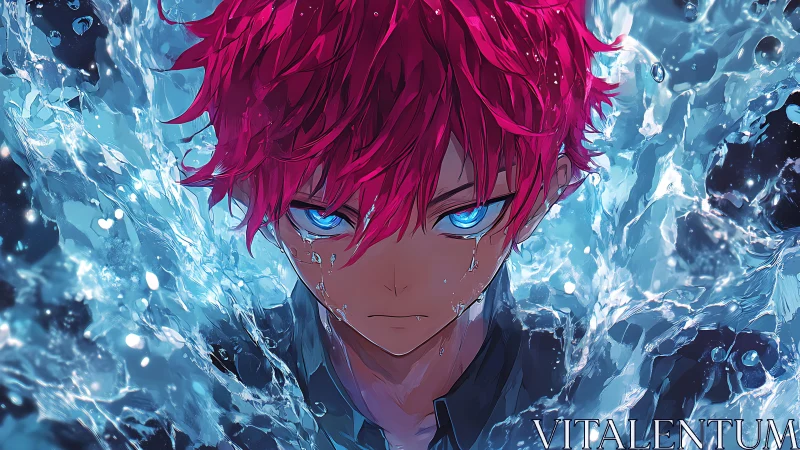 Red haired anime boy stares forward amid dynamic water