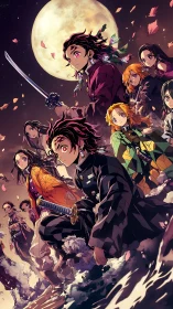 Moonlit anime heroes stride forward through swirling petals.