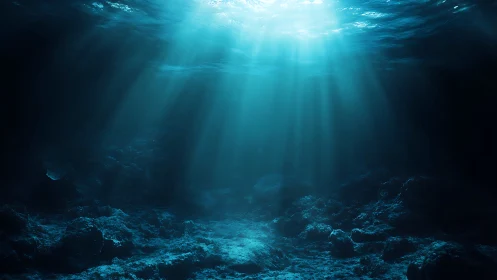 Submerged seafloor with volumetric blue shafts of sunlight.