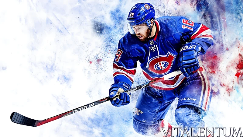 Hockey forward accelerates through abstract ice burst.