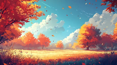 Sunlit autumn meadow under drifting clouds and bright skies.