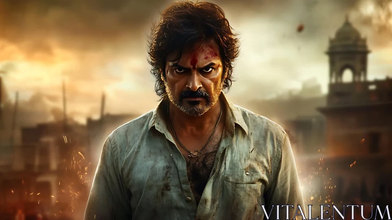 Smoldering street warrior stalks a burning dusk cityscape.