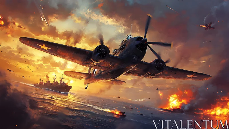 Diving warbird slices through a sunset of fire and steel