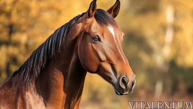 Bay horse portrait in sharp focus against soft bokeh background.