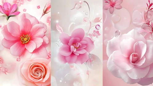 Ethereal Pink Floral Triptych With Layered Botanical Compositions