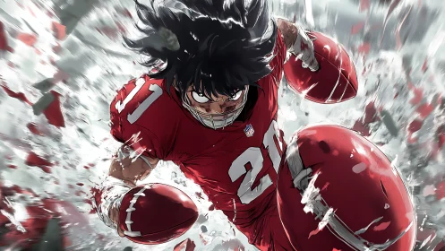 Anime football player sprints forward holding a red helmet