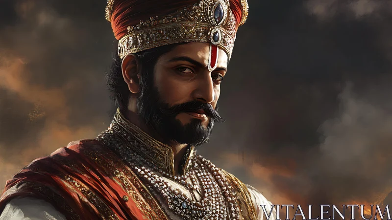 Regal warrior king gazes forward in jeweled battle attire