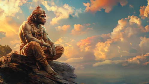 Anthropomorphic monkey figure on rocky cliff at sunset.