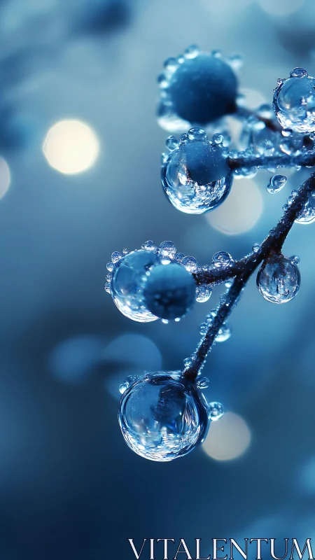 Macro optical study of dew-laden branch with bokeh spheres.