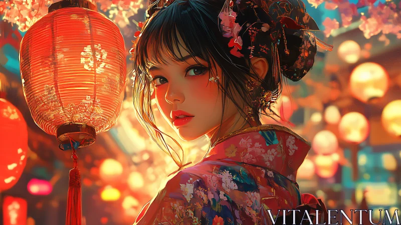 Geisha portrait glows under lantern light in floral kimono.