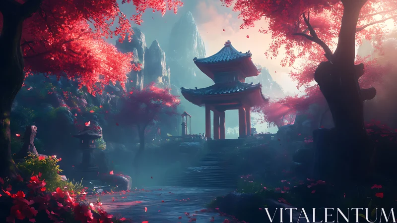 Gentle temple garden glows under drifting pink blossoms