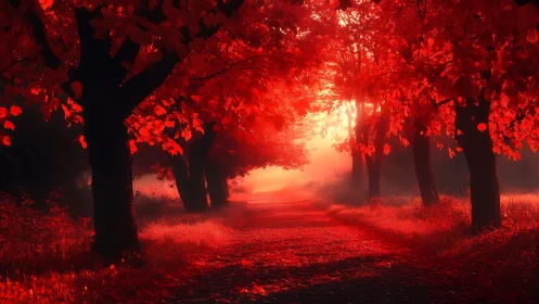 Crimson forest corridor pours light into a burning dawn