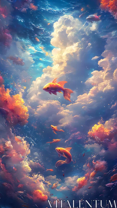 Goldfish silhouettes traverse a vertically framed cloudscape