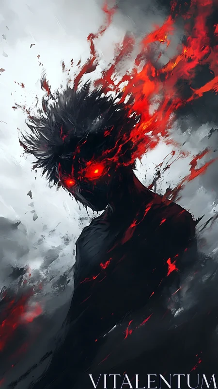 Fiery-eyed shadow figure emerges from swirling smoke and ash