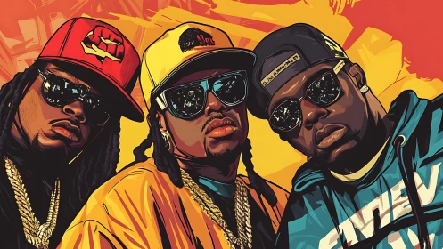 Hip hop trio in bold vector streetwear portrait.