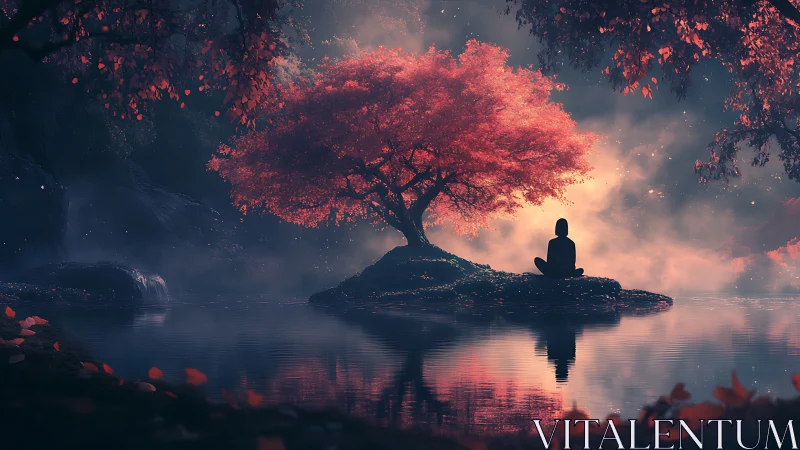 Solitary figure meditates beside luminous red tree at dusk