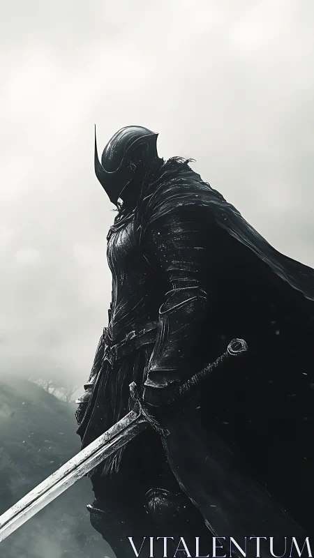 Armored dark knight stands in mist with sword lowered