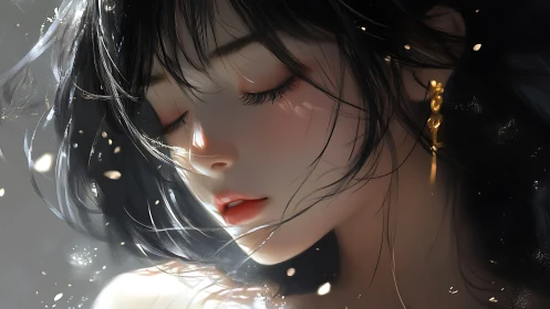 Close-up digital portrait of woman with dark hair, earrings.