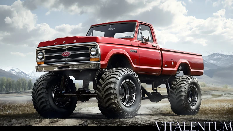Mountain-stomping red monster truck roars across wide valley.